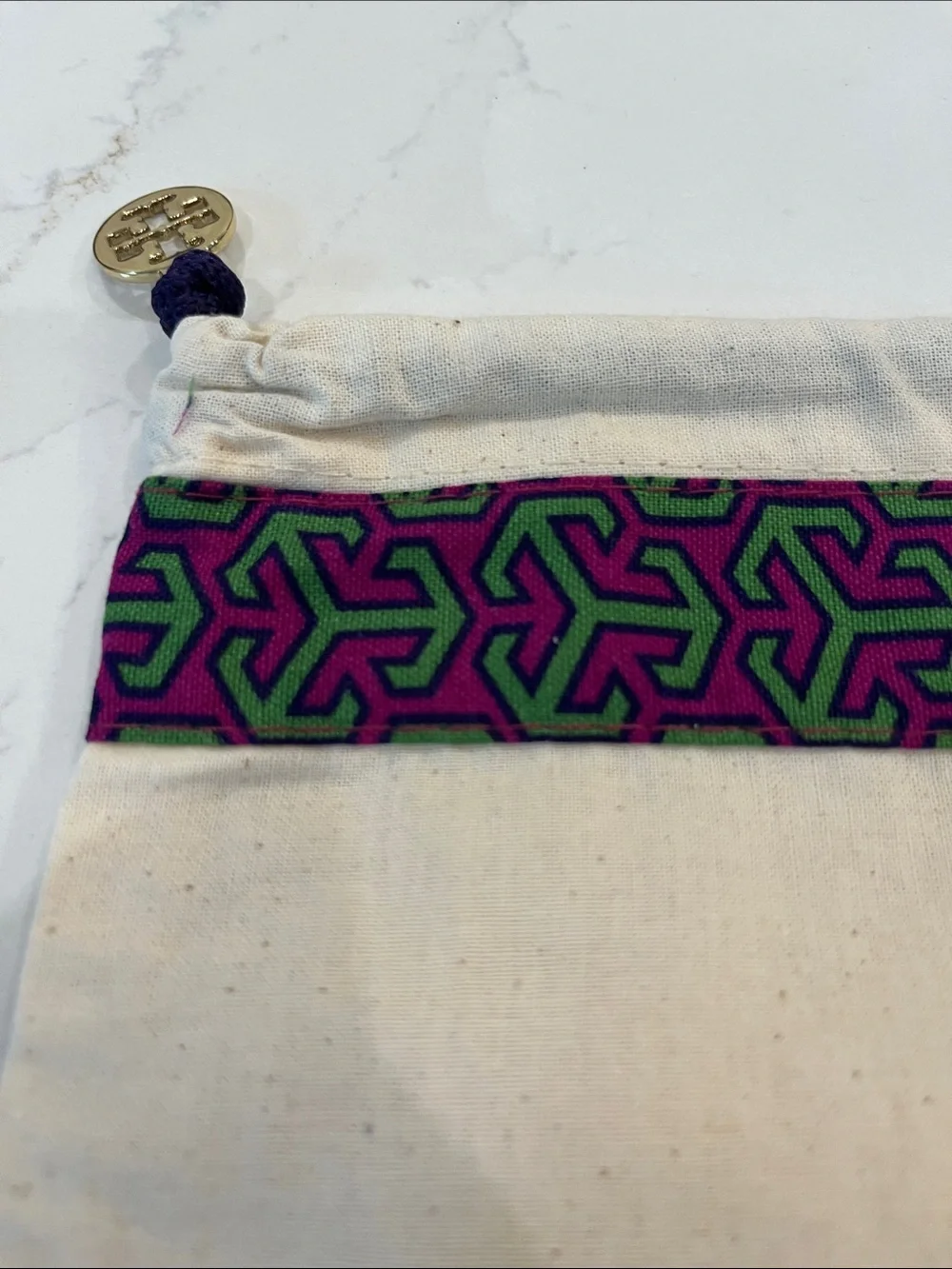 Tory Burch Natural Canvas Pouch with Purple & Green Trim